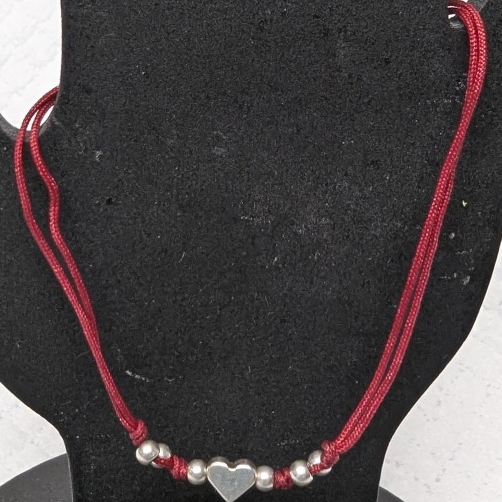 Charming Silvertone Heart Bracelet Adjustable Maroon Delicate String Slide Stack